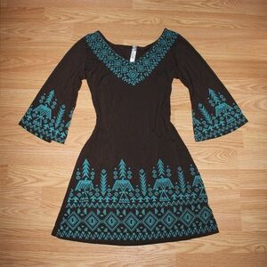 Brown and Teal Aztec Bell Sleeved Boho Dress